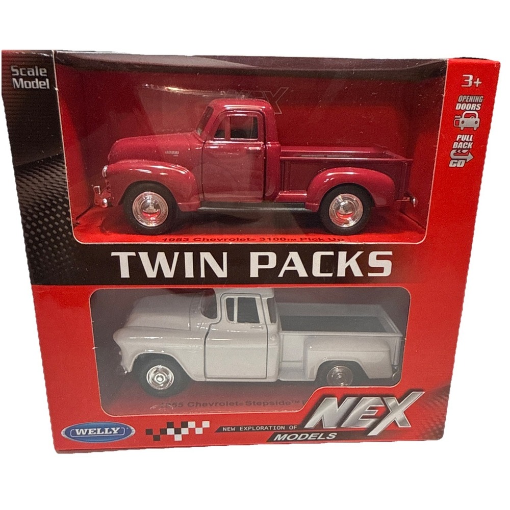 Welly NEX Twin Pack 1955 White‎ Chevy Stepside 1953 Red Chevy 3100 Pick Up 1:43